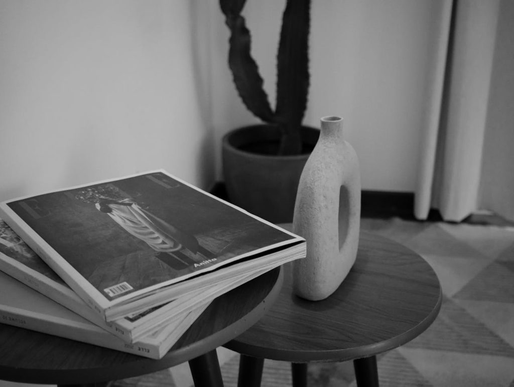 Stylish black and white photo of magazines and a vase in an indoor setting.