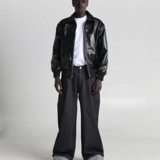 PU Leather Collared Varsity Jacket